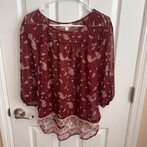 LC Lauren Conrad Women's Red and Tan Paisley Print Sheer 3/4 Sleeve Blouse
